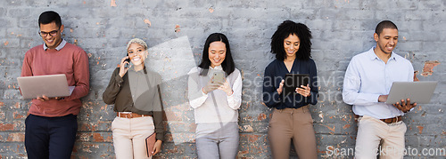 Image of Recruitment, success and people in waiting room on job search, internship opportunity or career diversity. Brick wall, technology and group friends on website, laptop and phone call for we are hiring