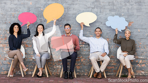 Image of Speech bubble, feedback and survey with business people and mockup for social media, vote and review. Design, contact and chat sign with employee and board at brick wall for voice and opinion