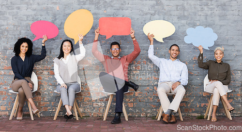 Image of Speech bubble, communication and feedback with business people and mockup for social media, vote and review. Design, contact and chat sign with employee and board at brick wall for voice and opinion