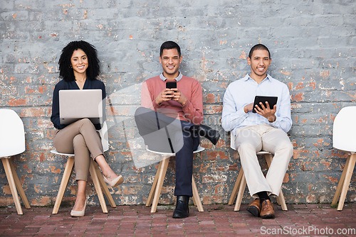 Image of Happy, recruitment or startup people portrait for agency meeting, human resources or hiring team. Teamwork, collaboration or employee smile for cyber, tech and digital work job interview