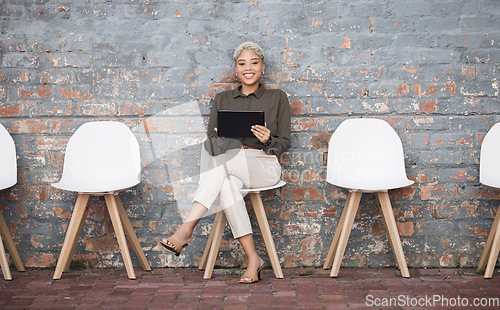 Image of Recruitment, portrait and black woman tablet outside for job opportunity, hr and career success. Digital technology, waiting room and gen z person on social media app for we are hiring on brick wall