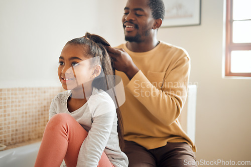 Image of Family, black father and help girl with hair, smile and bonding together in bathroom, relax and conversation. Love, dad and daughter with hairstyle, happiness or loving with kid and child development