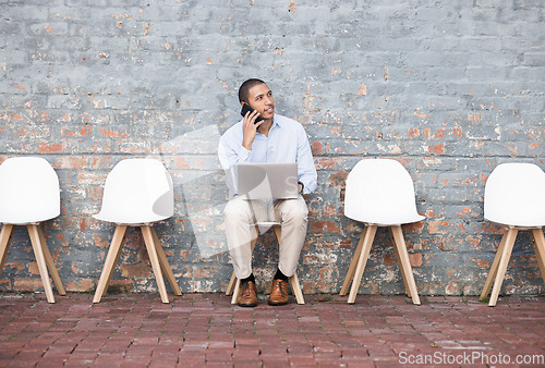 Image of Recruitment, phone call and person at an outside waiting room, thinking of career opportunity and job search. Interview, sitting in line and man technology talk for we are hiring, faq and networking