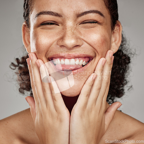 Image of Beauty, face and portrait of a black woman model smile from facial and spa treatment. Studio background, isolated and wellness skincare of a person with happy skin glow from dermatology detox