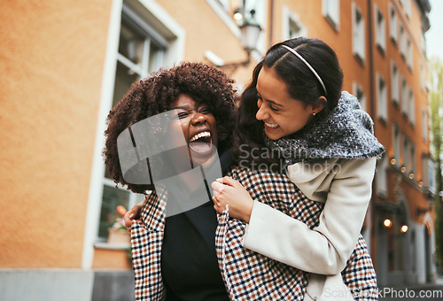 Image of Friends laugh, comedy on adventure and travel in city, happy people with piggyback and women on holiday in Italy. Happiness, funny and diversity with vacation together, tourist with freedom and fun