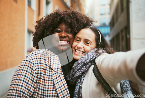 Image of Women, bonding or selfie portrait in travel holiday or sightseeing vacation in London city, road or street. Smile, happy or fashion friends in photography pov on social media, profile picture or blog