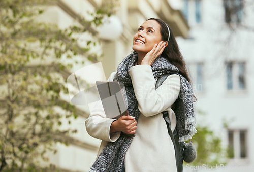 Image of Travel, walking and woman with tablet in city in street, road and sidewalk in for urban adventure in London. Journey, freedom and girl enjoying holiday, vacation and weekend for tourism sightseeing