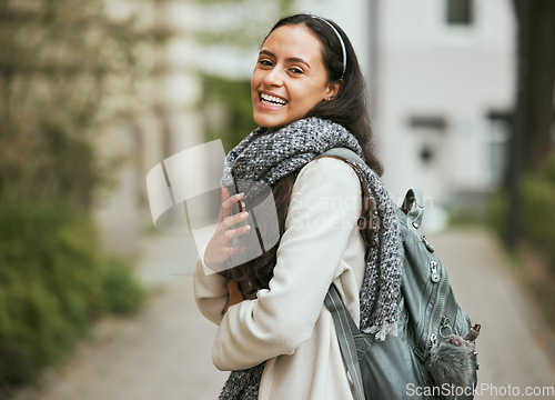 Image of Travel, walking in city and woman with tablet in for university, college and studying abroad in London UK. Education, international school and girl student excited for adventure, freedom and journey