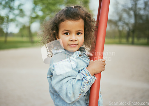 Image of Portrait, black girl and in park to play, summer and happiness on weekend, freedom and carefree. Outdoor, African American kid and female young person at playground, motivation and child development