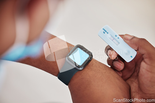 Image of Healthcare, black man and hand with covid rapid test and smartwatch screen for advertising mockup. Corona pcr and results of person with medical exam kit at hospital or virus testing clinic zoom.