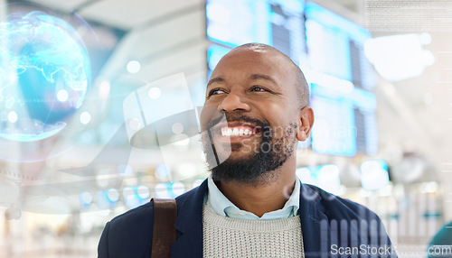 Image of Smile, travel or happy black man in an airport for an international conference, seminar or global convention. Airplane, face or excited African businessman traveling on a holiday vacation journey