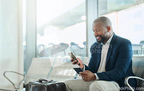 Image of African businessman, phone and airport for texting, email or reading news on web app with passport. Corporate black man, international travel or smartphone for identity, cybersecurity or social media