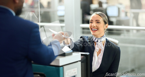 Image of Airport, passport and travel with a woman passenger assistant helping a business man traveller with check in. Security, immigration or documents with a female working in a terminal for border control