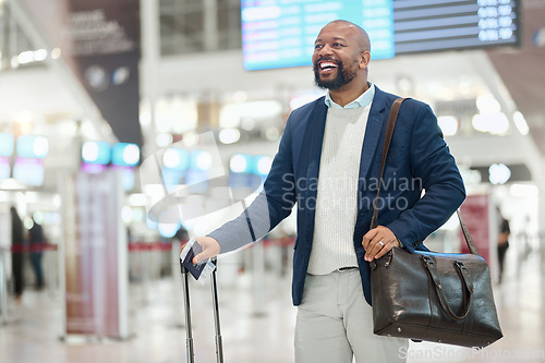Image of African businessman, walking and airport with smile, happy and luggage on global business trip. Corporate black man, international travel or excited at terminal for immigration, work or career growth