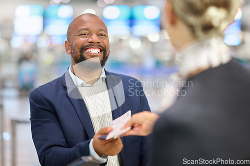 Image of African businessman, ticket and woman at airport with excited smile, customer support and help for global travel. Corporate black man, concierge and happy for business trip, immigration or networking