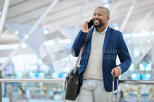 Image of African businessman, phone call and airport with excited smile, luggage and conversation for planning travel. Corporate black man, smartphone and happy for business trip, immigration and networking