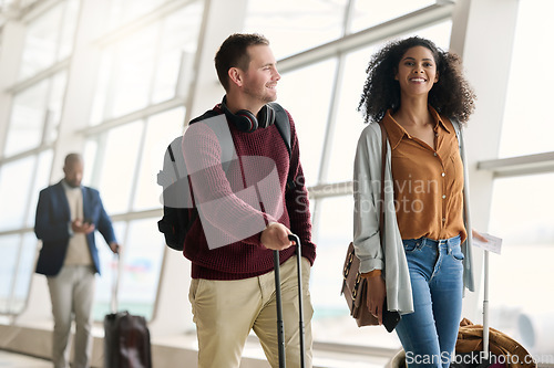 Image of Travel, airport and happy business people with luggage for a corporate work trip for a convention. Happy, smile and professional team of employees with suitcases traveling for their job together.