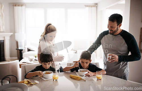 Image of Family home, boy children and breakfast with mom, dad and healthy start to morning for balance diet. Mother, father and kids at table with fruit, food or happy for bonding, love or nutrition wellness