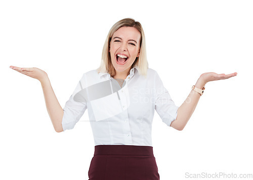 Image of Business woman, shocked face and hands for surprise, announcement in isolated white background. Young female, excited facial expression and question or amazed hand gesture in white background studio