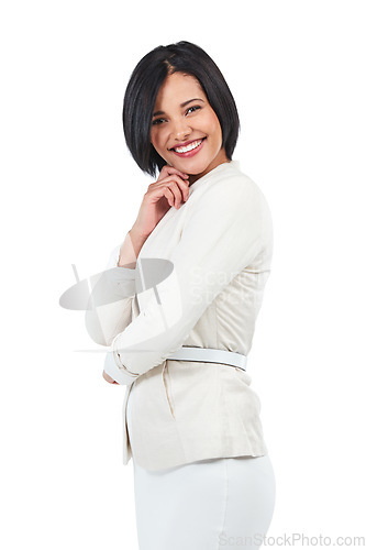 Image of Happy, confident and portrait of a beautiful woman isolated on a white background in a studio. Smile, professional pride and young stylish employee with class, ambition and elegance on a backdrop