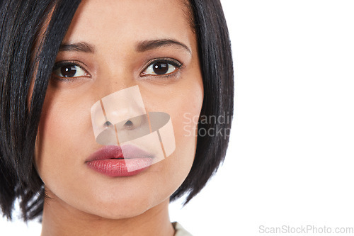 Image of Skincare, portrait and woman against a white background for wellness, grooming and posing in studio. Beauty, face and girl model relax on mockup for luxury, pamper and makeup routine while isolated