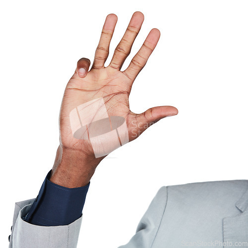 Image of Hand gesture, palm and mockup with a business black man in studio isolated on a white background to gesture a number. Emoji, icon and sign with a male employee counting on black space wearing a suit