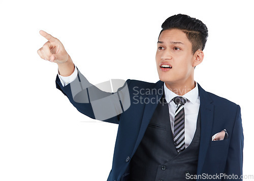 Image of Businessman, curious or pointing on isolated white background, marketing space or advertising mockup. Thinking, question or corporate worker with showing hand gesture at interesting or confused offer