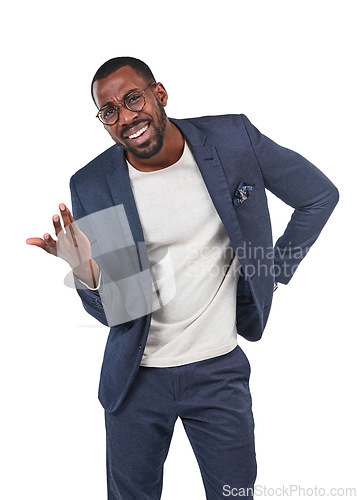 Image of Confused, question and portrait of black man or businessman isolated against a studio white background. Wtf, huh and corporate professional employee, worker or entrepreneur asking gesture