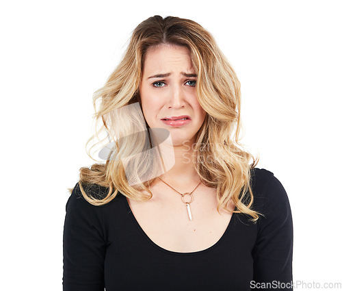 Image of Sad, crying and studio portrait of woman with mental health problem, depression or upset over crisis. Tears, emotional pain and face of model depressed over fail mistake isolated on white background