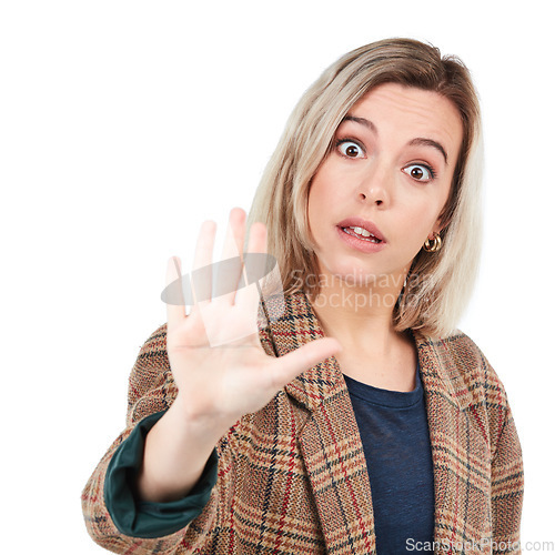 Image of Portrait, woman and hand, stop and warning in studio for sign or wait gesture on white background. Face, hands and girl showing palm for reject, prohibited and emoji with serious order while isolated