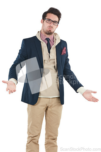 Image of Fashion, studio and man with a dont know gesture with a casual, style and trendy outfit. Serious, confused and portrait of a male person with stylish clothes and glasses isolated by white background.