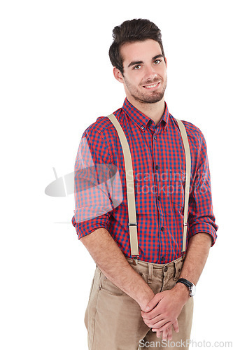 Image of Nerd, geek and portrait of a hipster in studio with white background isolated with a beard. Smiling, smart and nerdy style clothes of male standing with happiness and smile feeling positive in plaid