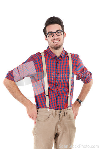 Image of Portrait, nerd and man in studio, casual and smile, happy and content on white background. Young, handsome and male with geek aesthetic smiling, positive and confident while standing akimbo isolated