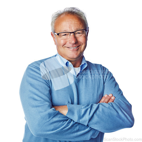 Image of Portrait, senior man and arms crossed with smile, leadership or citizen isolated on white studio background. Face, elderly male or mature gentleman with happiness, retirement or confident on backdrop