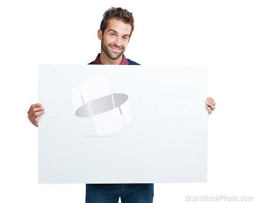 Image of Portrait, marketing or business man with paper mockup space for product, advertising or branding poster in studio. Model, smile or businessman with banner, billboard news or logo in white background