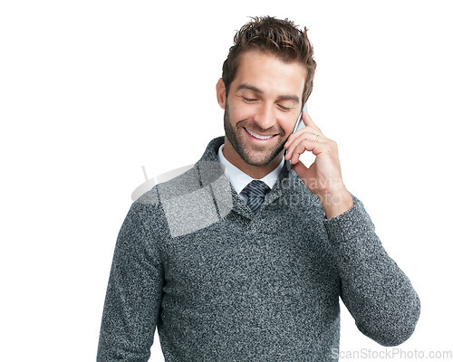 Image of Phone call, communication or business man happy for loan review, finance or invest for success. Smile, isolated or manager on smartphone for networking, b2b network or planning in white background