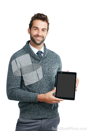 Image of Smile, portrait or business man on tablet screen for internet research, social media or networking in white background. Tech or person on touchscreen for social network, blog review or media app