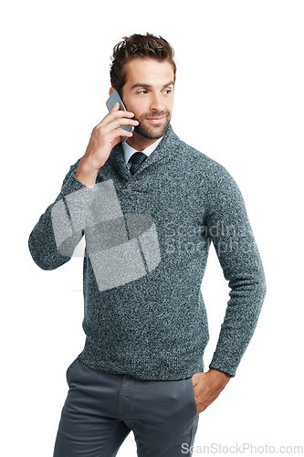 Image of Corporate, phone call or business man thinking in white background studio for networking, communication or b2b network. Happy or manager on smartphone for planning meeting or strategy on mobile phone