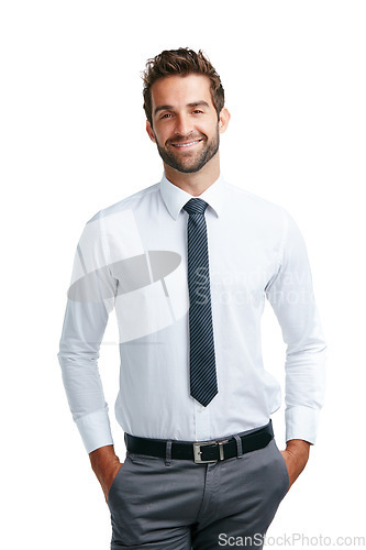 Image of Businessman, portrait and happy face on isolated white background for about us, profile picture and ID. Corporate worker, employee and intern smile with vision, ideas and innovation on studio mock up