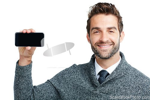 Image of Portrait, business man on phone mock up screen for internet research, social media or networking in white background. Tech, smile or manager on smartphone for social network, blog review or media app