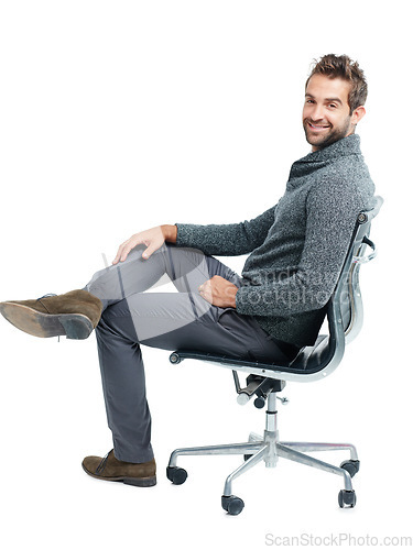 Image of Portrait, chair and happy with a business man in studio isolated on a white background for marketing. Mindset, mission and corporate with a male employee sitting on blank space for advertising