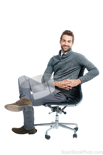 Image of Portrait, chair and happy with a business man in studio isolated on a white background for marketing. Vision, mindset and corporate with a male employee sitting on blank space for advertising