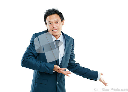 Image of Portrait, mockup and business with Asian man, product placement and guy isolated on white studio background. Male person, entrepreneur and leader on backdrop, management and leadership for branding