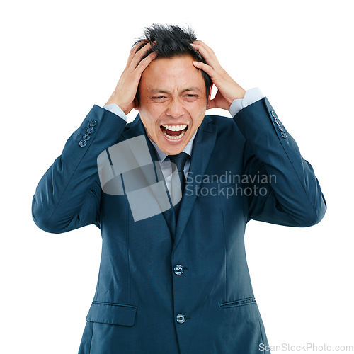 Image of Anger, stress and screaming business man in studio isolated on white background. Burnout, mental health and headache, sad and shouting angry Asian male after bad news, deal or financial crisis.