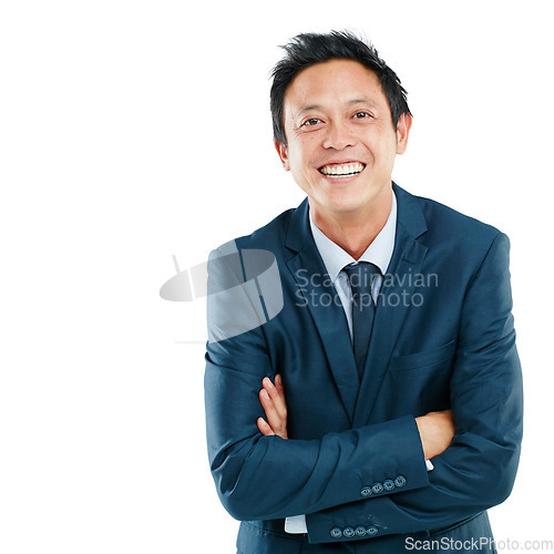 Image of Portrait, arms crossed and business man in studio isolated on a white background mock up. Face, ceo and happy and proud Asian male employee with from Japan with vision, mission and success mindset.