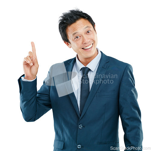 Image of Idea, asian and business man portrait with a professional corporate suit and smile. Ideas, white background and isolated worker from Japan happy about career and success for job growth in a studio