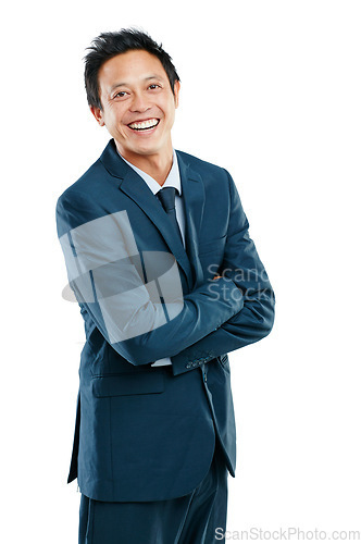 Image of Portrait, mockup and an asian business man in studio isolated on a white background standing arms crossed. Happy, smile and blank space with a male employee posing on empty mock up for branding