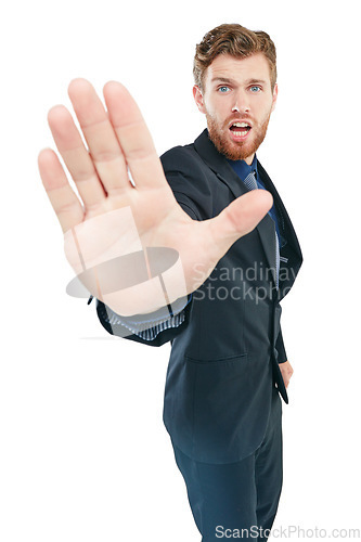 Image of Corporate ceo and stop hand portrait with stressed, frustrated and unhappy face in studio. Moody executive and businessman in distress on isolated white background with formal worker suit.