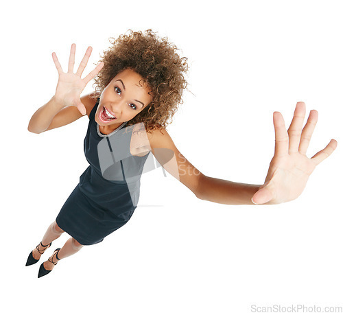 Image of Surprise, excited and portrait of a black woman with hands isolated on a white background. Shocked, smile and above of an African business employee with a confident gesture in a studio