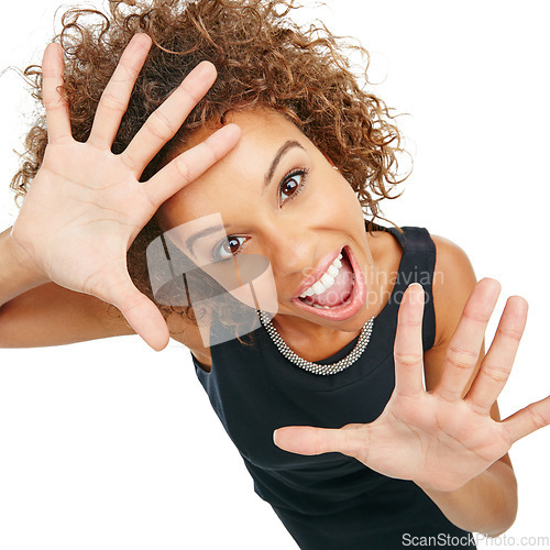 Image of Shock, excited and portrait of a woman in a studio with a screaming, shouting and wow facial expression. Surprise, happy and female model from Mexico with omg or wtf face isolated by white background